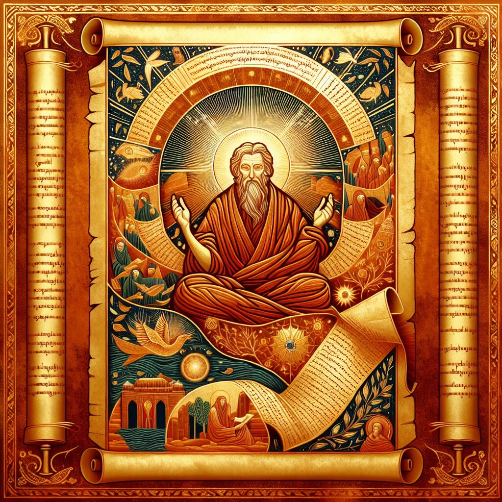 An illustrative depiction of an ancient text, perhaps part of a scroll, with golden intricate designs on a rust-colored background to symbolize wealth. Within the text are glimpses of parables or life lessons which can be identified by brief illustrations depicting ancient Middle Eastern landscapes. There is also a representation of a serene man, traditionally dressed, exuding a radiance of joy and contentment, perhaps while interacting with others or alone in contemplation, within the scroll. It's an image which articulates richness combined with contentment, inferred from ancient wisdom.
