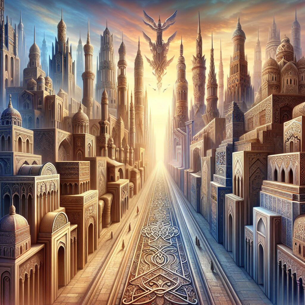 A beautiful and peaceful depiction of inspiring architecture that symbolically represents a spiritual journey towards the divine. A visually breathtaking amalgamation of diverse architectural styles from around the world; Gothic cathedrals with their towering spires reaching for the sky, representative of Western European concepts; intricate and symmetrical Islamic art adorning places of worship revealing Middle Eastern influences; and serene, minimalistic Buddhist temples found commonly in East Asian locales. All converge to form a path that symbolizes an incredible pathway to God, encouraging contemplation and invoking a sense of awe and wonder in the viewer.
