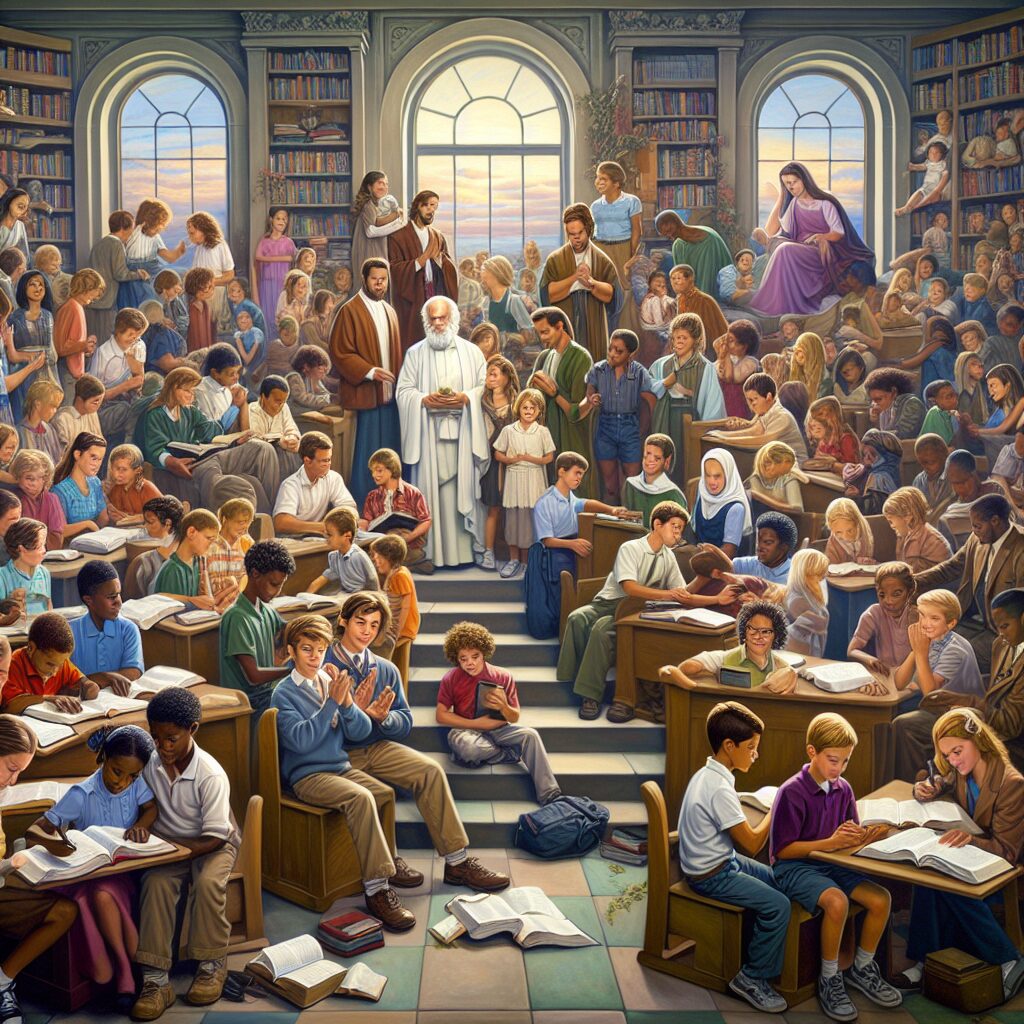 An awe-inspiring tableau that captures the essence of a school environment touched by the powerful influence of Christian students. Picture a diverse group of boys and girls from different racial descents such as Caucasian, Hispanic, Black, Middle-Eastern, and South Asian. They are seen engaged in an array of activities like pleasing dialogues, thoughtful study sessions, and acts of kindness. The environment radiates positivity, respect, and communal harmony. Some children are seen reading the Bible, while others partake in prayer circles or community outreach, reinforcing the tenants of faith, love, and charity in an educational setting.