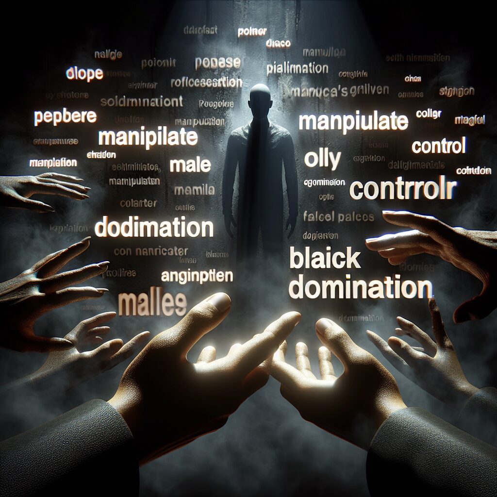 An image revealing the powerful manipulator: various 3D words emerging from a dark foggy background, illuminating the scene with an eerie glow. Words carry a sinister vibe like 'manipulate', 'control', 'domination'. A pair of hands reach towards them, symbolizing the manipulator's influence. These hands of diverse descents- one South Asian female and one Black male both attached to shadowy figures, represent the faceless manipulators. The overall cinematic aesthetic should hint at the weight and seriousness of this topic.