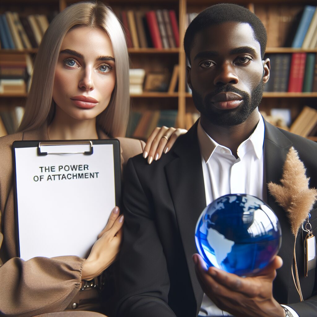 A close-up portrait of a Caucasian woman and a black man, both in their mid-thirties, wearing professional attire, looking empathetically into the camera. The man is a psychologist, holding a clipboard with the words 'The Power of Attachment' written on it, and the woman is holding a blue crystal globe, representing the world. The setting is a warm, inviting psychologist's office with bookshelves filled with various books about psychology and human behavior.
