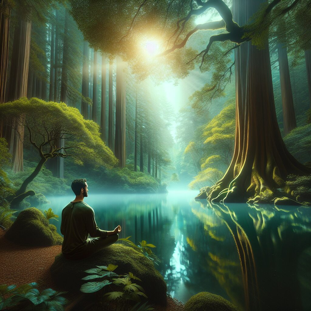 Envision a tranquil scene for contemplation and self-discovery. Picture a serene lake surrounded by lush, towering trees. Their leaves, in the soft shades of green, are gently rustling in the breeze. At the lake's edge, there is a man of Hispanic descent, meditating peacefully with a calm and enlightened expression on his face. A soft ray of sunlight breaks through the clouds, illuminating the scene and casting a warm, divine glow on everything. The ambience is imbued with serenity, inspiration, and blessings. The scene speaks to the harmony of nature and the journey towards achieving self-knowledge.