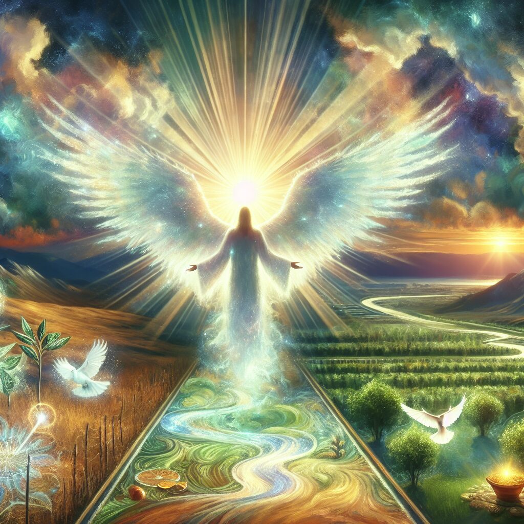 Visualize a divine, ethereal figure emanating bright, celestial light. The figure is standing, with hands stretched out over a vast landscape that transforms from barren land into a thriving, lush green terrain. The horizon is painted with hues of an early dawn. The path leading from the figure to the landscape suggests a journey of transformation and spiritual growth - a divine road toward a blessed nation. Incorporate elements symbolizing blessings like olive branches, cornucopias, or doves fluttering in the skies above. The overall tone is one of hope, change, and divine intervention.