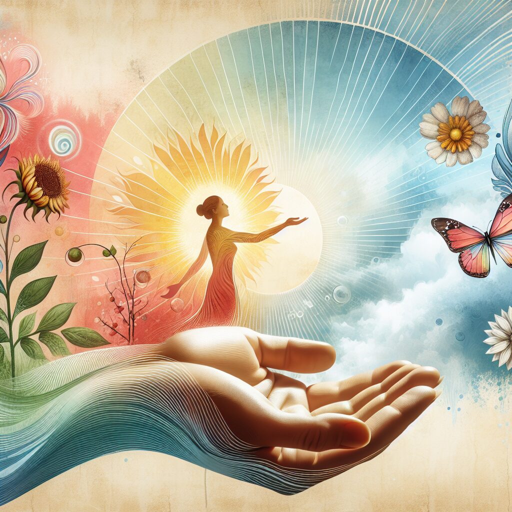 A heartwarming, serene scene depicting the transformative and healing power of forgiveness. Perhaps a person with a look of relief and liberation on their face, their hands held open in a giving or receiving stance. Around them, visual symbols of growth and transformation such as blossoming flowers, a sunrise, or a butterfly. The overall atmosphere should carry a sense of blessed peace and inspiration, portrayed in soothing and bright colors.