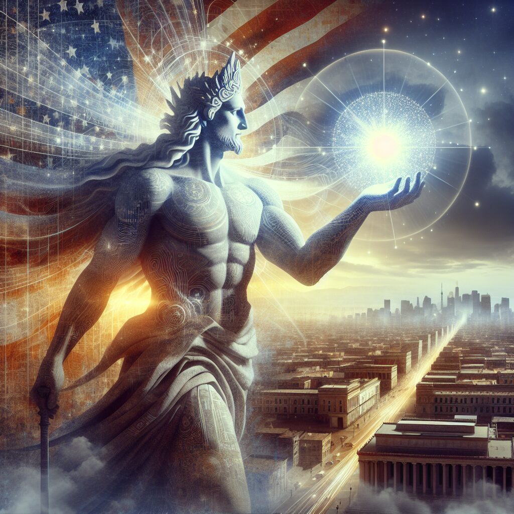 A conceptual image of the abstract notion of political pride and transformative inspiration, embodied in a deity. The deity can be interpreted in a non-denominational way, personified as a powerful figure, embodying qualities like strength, wisdom, and justice. The deity stands tall and proud against a backdrop of a peaceful and prosperous city, possibly an allegorical representation of a nation or society. In its hand, a glowing, radiant orb symbolizes transformative inspiration. The image should encompass a feeling of pride, aspiration, and the transformative power of divine inspiration.