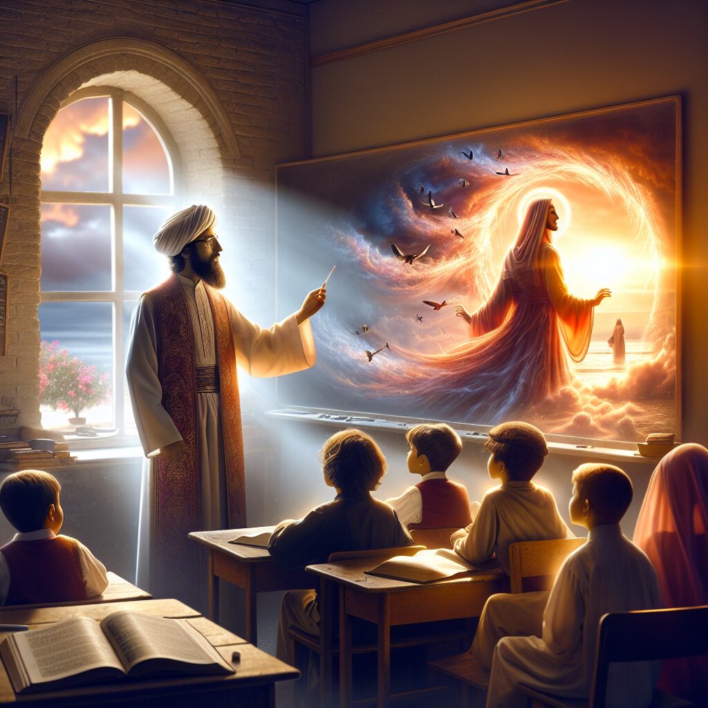 An inspiring tableau portraying the divine journey of teachers towards transformation. The scene unfolds in a tranquil classroom setting, where a Middle-Eastern male teacher stands at the chalkboard, chalk in hand, mid-sentence explaining a difficult concept. Several children of diverse descents and genders attentively listen, their eyes gleaming with curiosity. On the desk, a half-read book symbolizes the power and importance of knowledge. The setting sun through the window reflects the teacher's silhouette, suggesting the divine aspect of his duty. An ethereal glow surrounds the entire scene, symbolizing enlightenment and transformation.