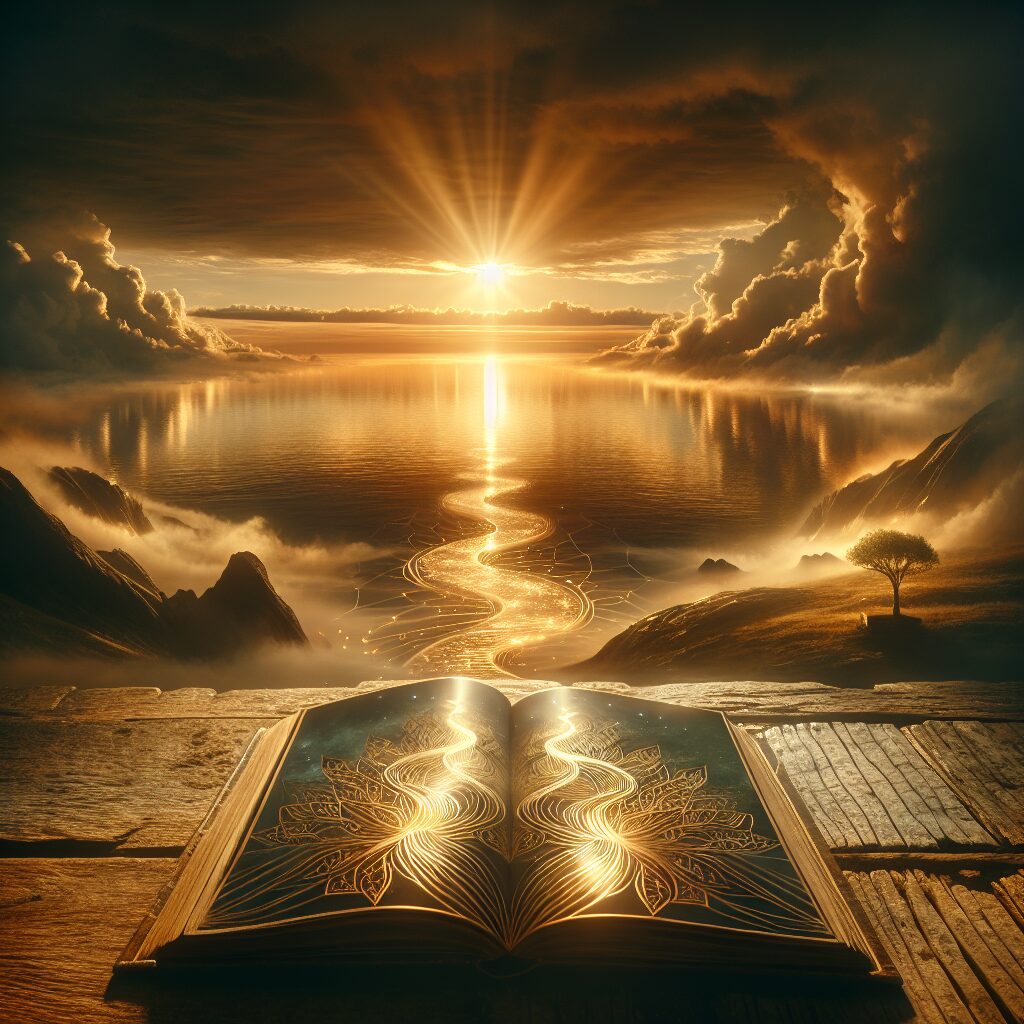 A serene atmospheric scene depicting a golden sunrise breaking over a tranquil ocean, reflecting enlightened pathways on the gentle waves. An open inspirational book lies on a rustic wooden table closer to the viewer, with the title 'Daily Inspiration for an Amazing and Serene Life' glistening in the soft light. A feeling of divine tranquility emanates from the image, suggesting profound reflection and peace. The scene is both symbolic of inspiration from above and serves as a visual metaphor for leading a calm and exceptional life.