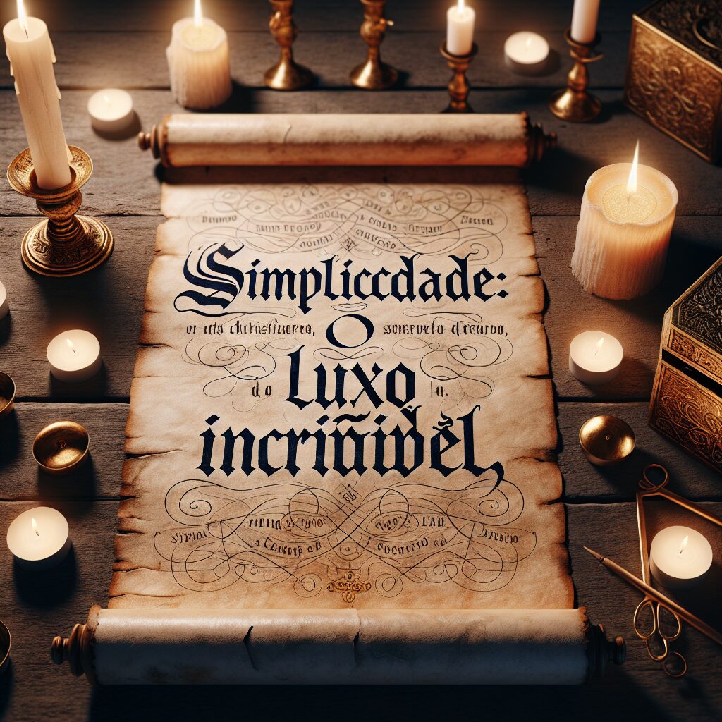 The concept of Christian simplicity unveiling incredible luxury. Imagine an old parched scroll, placed on a rustic wooden table, surrounded by candles providing dim light. On this scroll is an ornate scripture, symbolic of the Christian faith's teachings about simplicity. The words 'Simplicidade: o Luxo Incrível' are written in beautiful calligraphy to showcase the concept. Added to this scene is an inexplicable aura of luxury, with golden accents harmoniously incorporated into items such as candle holders or perhaps a small, tastefully decorated box on the table that speaks to the incredible luxury of simplicity.