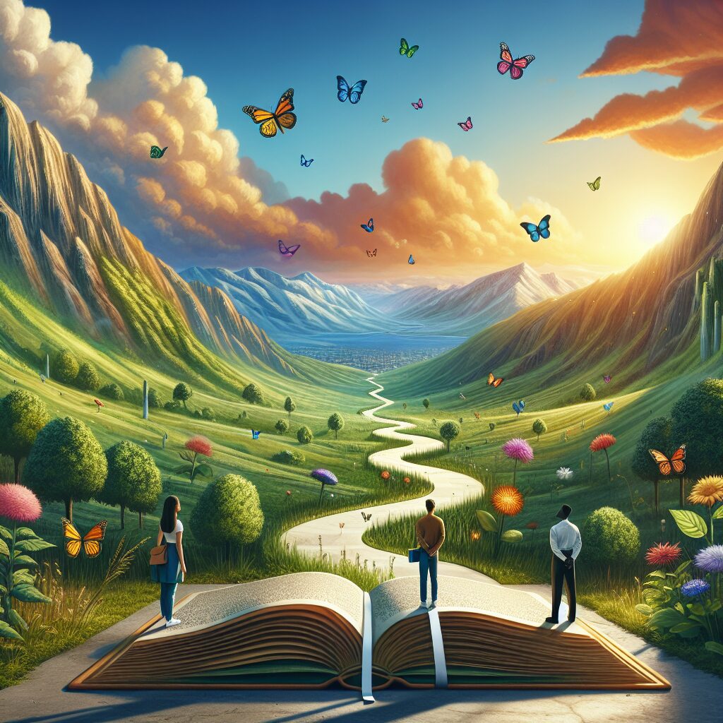 An evocative scene showcasing the concept of patience, picturing a metaphorical path winding on an inspiring journey towards knowledge and learning. Imagine a sunny panorama with vibrant, lush greenery and towering mountains in the background. In the foreground, visualise an open book floating mid-air, its pages morphing into a pathway leading towards the mountains. Butterflies of various colors flutter around, symbolizing diverse ideas. Two individuals of different genders - one Hispanic female student and one Black male instructor, are standing at the start of the path, prepared to embark on their educational journey.