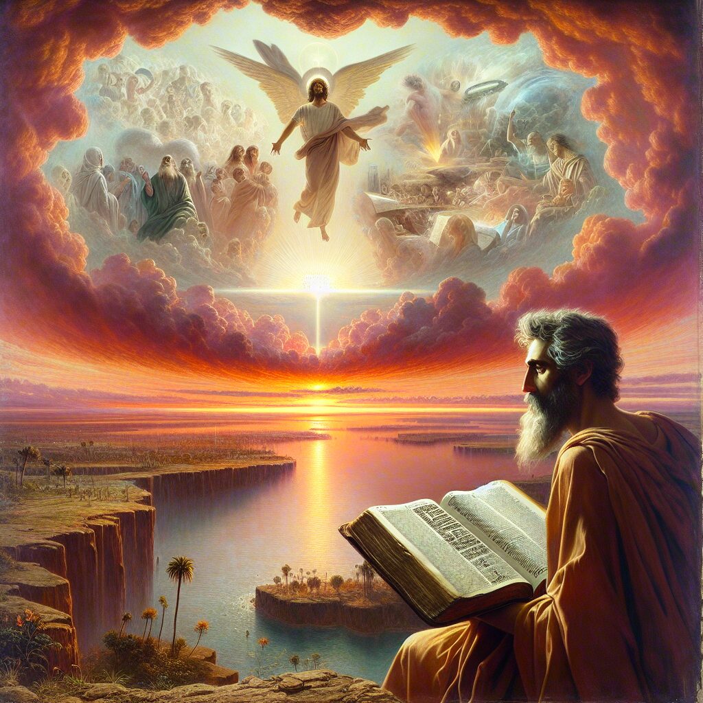 A thought-provoking, inspiring tableau illustrating the prophecy from Matthew 24 from the Bible. A serene landscape at dawn with orange and pink hues in the sky forms the backdrop. The foreground to midground portrays an ancient first-century Middle-Eastern man, presumably a scribe, holding an open scripture with visible text indicating Matthew 24. Suspended above, a divine, radiating light forms the image of a symbolic representation of the prophecy - a vivid depiction of events such as wars, natural disasters, and signs in celestial bodies. This exemplifies hope and inspiration amidst chaos. Use a style reminiscent of the pre-1912 artistic era, with fine details and realistic depth.