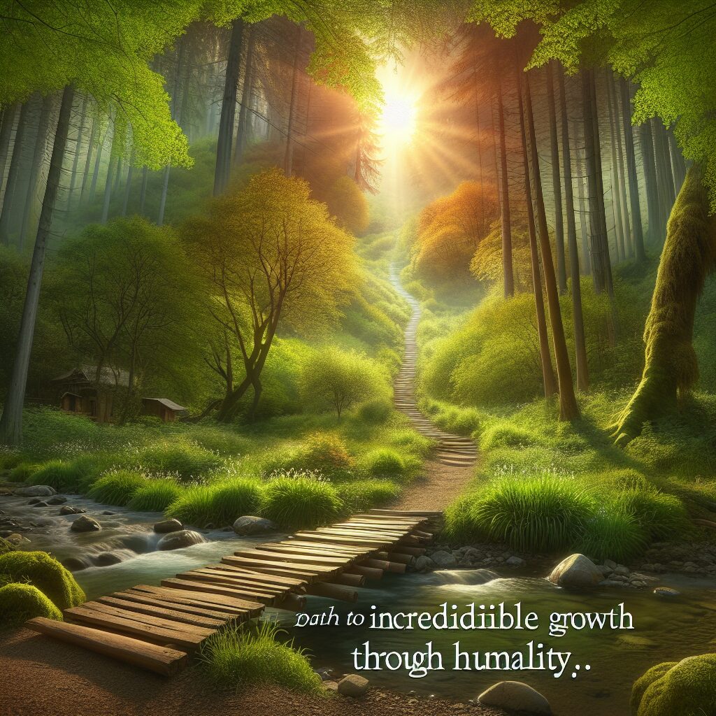 An inspiring scenic journey depicting the path to incredible growth through humility. The foreground features a simple wooden footbridge crossing a calm stream, representing modesty. The bridge leads towards a lush, thriving, vibrant forest symbolizing growth and progress. The trail twists and turns uphill into the heart of the woods, showcasing the mysterious, unpredictable yet exciting journey. The sun breaks through the canopy, lighting up the path and casting a warm, encouraging glow on the undergrowth, a metaphor for the transformative power of humility.
